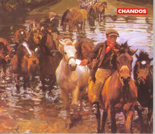 Painting of horse riders crossing a shallow river, muted tones.