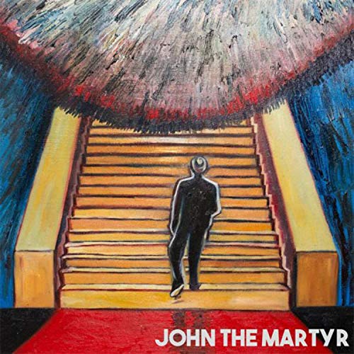 Painted album cover: silhouetted figure ascending yellow stairs, red base.