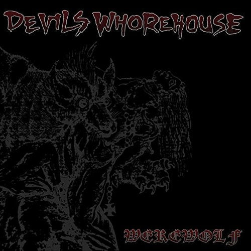 Black and white illustration of a werewolf on a black background with red text.