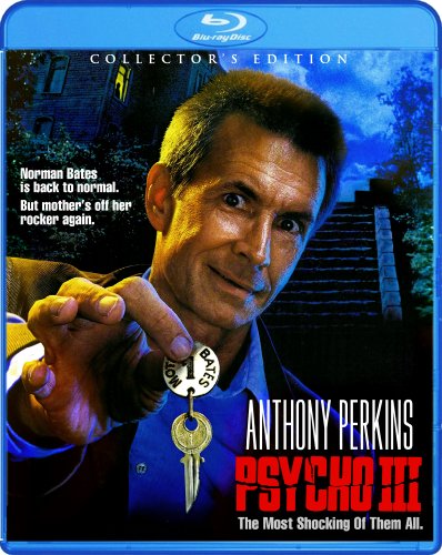 Blu-ray cover for "Psycho III" featuring Anthony Perkins and a house.