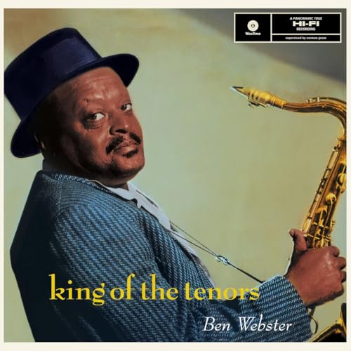 Ben Webster wearing a hat and holding a saxophone on a vinyl album cover.