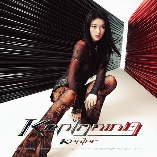 Kep1er album cover featuring a member kneeling in dark, textured clothing.