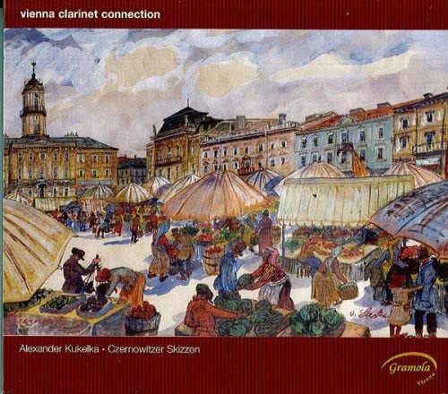 Painted street scene with market stalls, people, and buildings under cloudy sky.