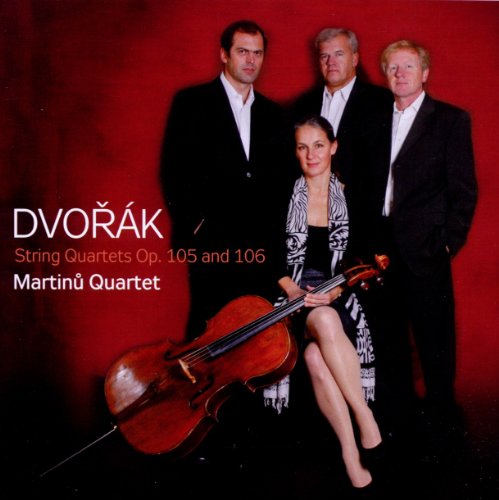 Martinu Quartet portrait with a cellist, red background, and text.