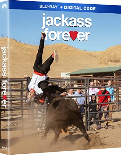 Jackass Forever" Blu-ray cover featuring a man falling off a bucking bull.