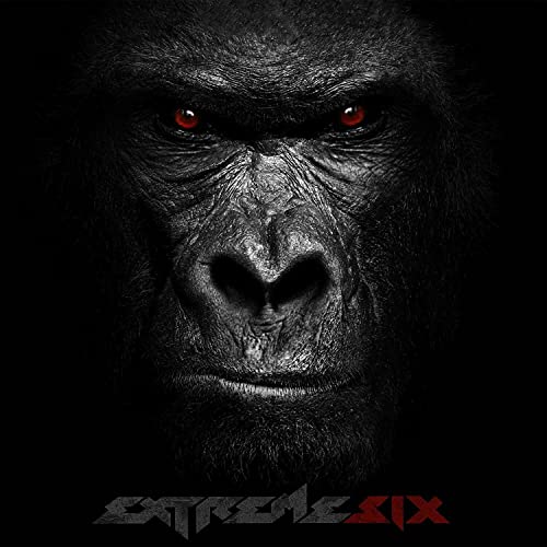 Close-up of a gorilla’s face with glowing red eyes and album title below.