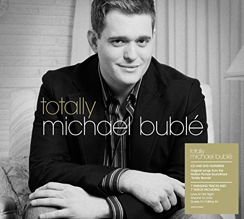 Michael Bublé album cover, black and white portrait, text “totally bublé.”