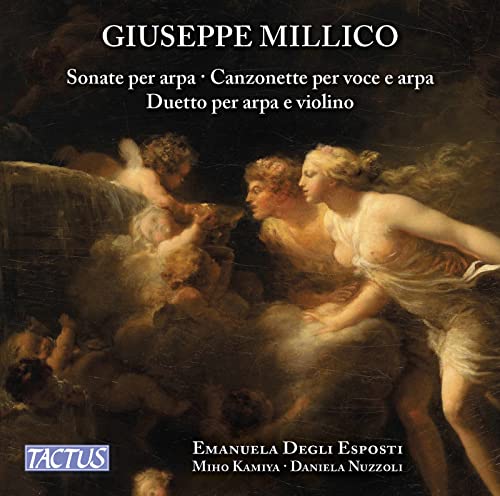 CD cover: classical painting of figures with cherubs, harp music title.