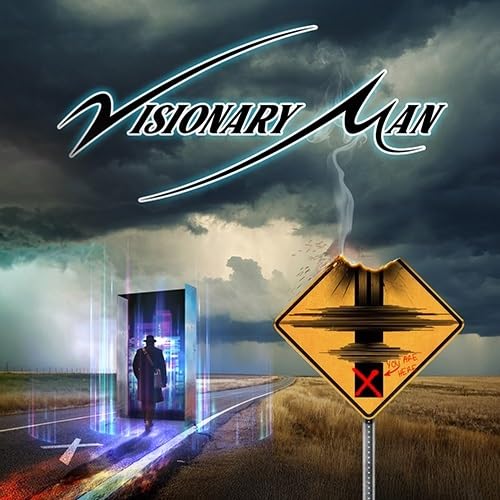 Album cover: man by a glowing booth, stormy sky, and warning sign.