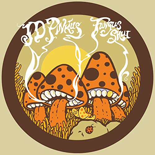 Album cover: two orange, grinning mushrooms with smoke and ladybugs.