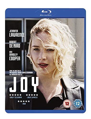 Joy" Blu-ray cover featuring Jennifer Lawrence, with film credits and ratings.