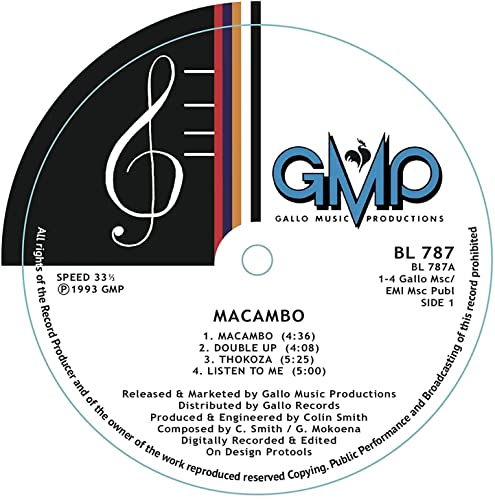 Black vinyl record label with musical clef and colorful stripes.