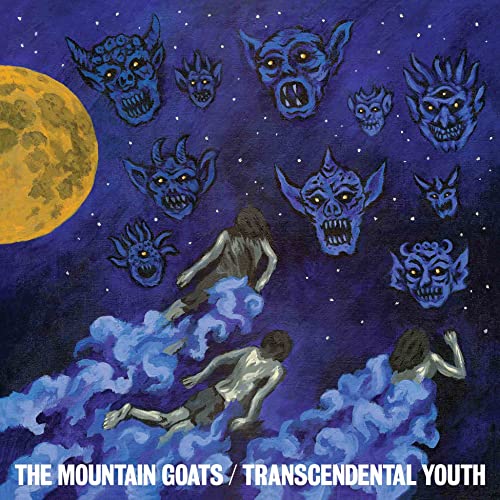 Album cover: dark blue with painted figures, a yellow moon, and band name.