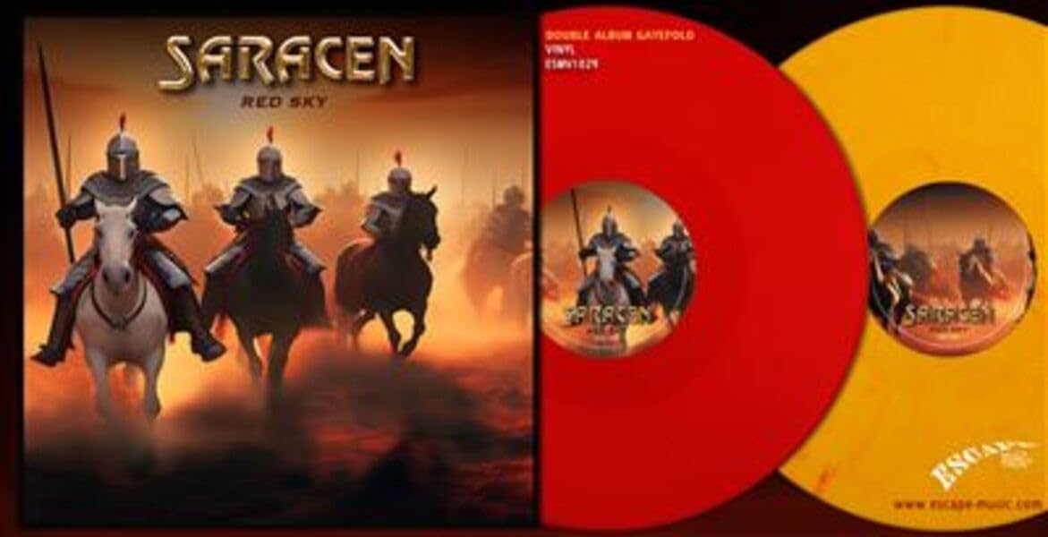 Saracen “Red Sky” double vinyl record with knight artwork and red discs.