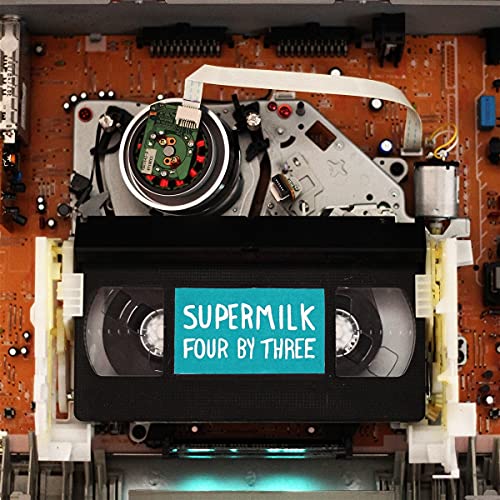 Supermilk - Four By Three" vinyl record artwork integrated into VHS tape and circuit board.