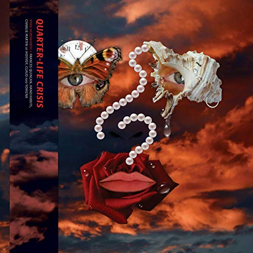 Red vinyl record cover with surreal imagery of eyes, butterflies, and shells.
