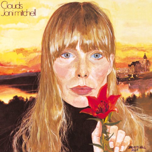 Joni Mitchell album cover, “Clouds”, featuring a portrait and red lily.