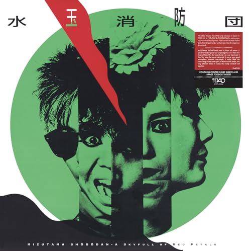 Vinyl album cover with split portrait and red floral design.