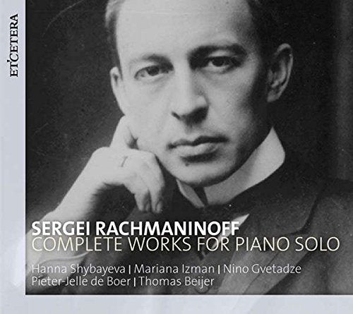 Black and white portrait of Sergei Rachmaninoff with album title text.
