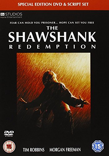 DVD cover for "The Shawshank Redemption" featuring a man in the rain.