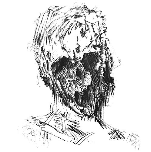 Black and white sketch of a distorted human face, looking distressed.