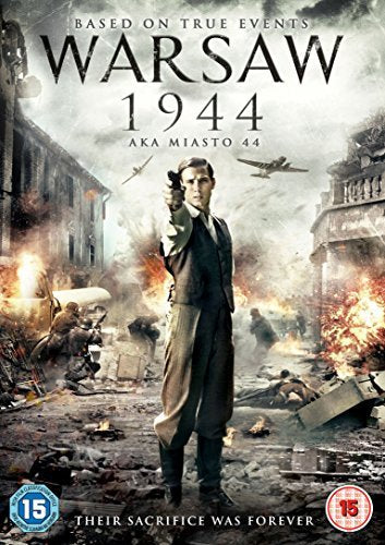 DVD cover for "Warsaw 1944" depicting a man with a gun amid wartime ruins.