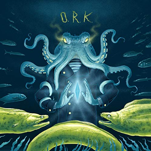 Octopus in a suit with glowing hands, surrounded by fish and eels.