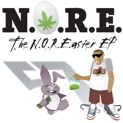 N.O.R.E. album cover featuring cartoon rabbit, cannabis leaf, and rapper portrait.