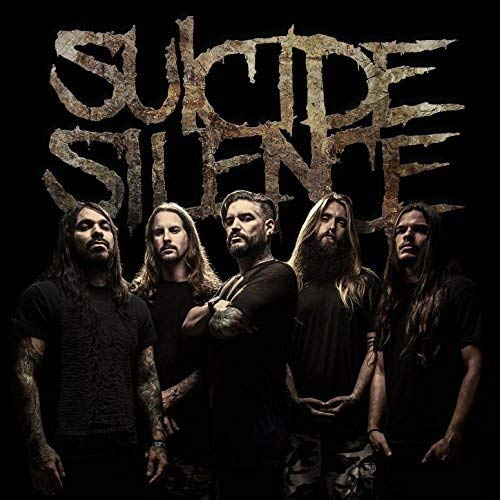 Suicide Silence band portrait with distressed band name above them.