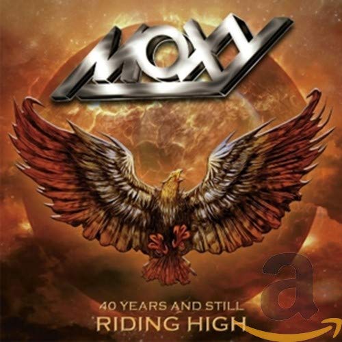CD cover: "Moxy - 40 Years & Still Riding High" with a phoenix.