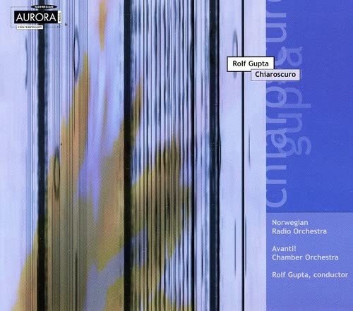 CD cover for “Chiaroscuro” by Rolf Gupta, featuring abstract blue and gold streaks.