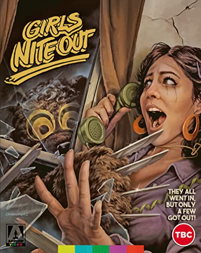 A terrified woman on a telephone watches a masked figure through a broken window.