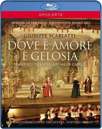 Blu-ray cover for Scarlatti’s “Dove E Amore” opera performance with stage scene.