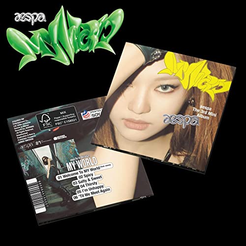 aespa’s “MY WORLD” album cover featuring a member’s portrait and green text.