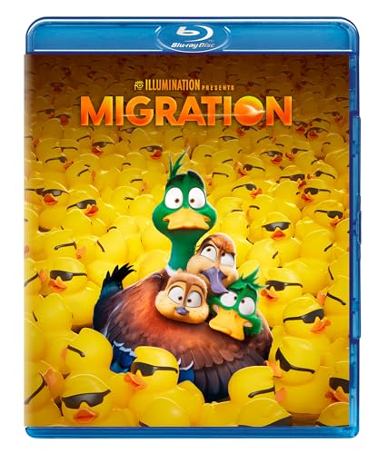 Blu-ray cover for "Migration" featuring a family of ducks among rubber ducks.
