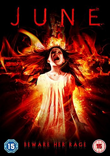 June" DVD cover: woman screaming amidst fiery, chaotic background.