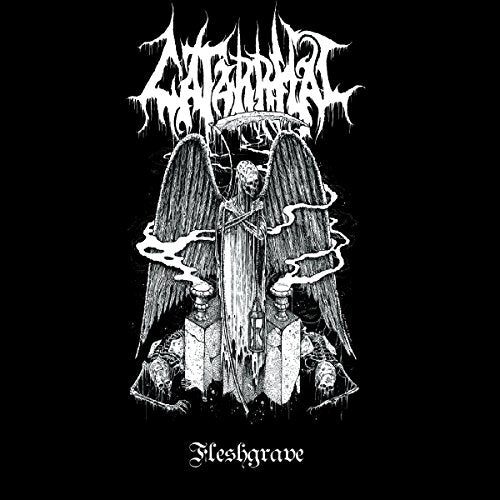 Black and white album cover featuring a skeletal angel over tombstones.