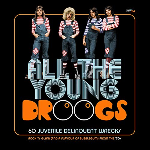 Album cover for “All The Young Droogs” featuring four people in overalls.