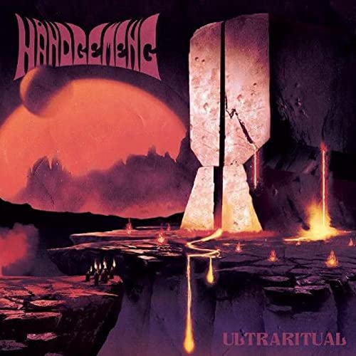 Album cover: red sun, stone monoliths, and glowing flames on dark terrain.
