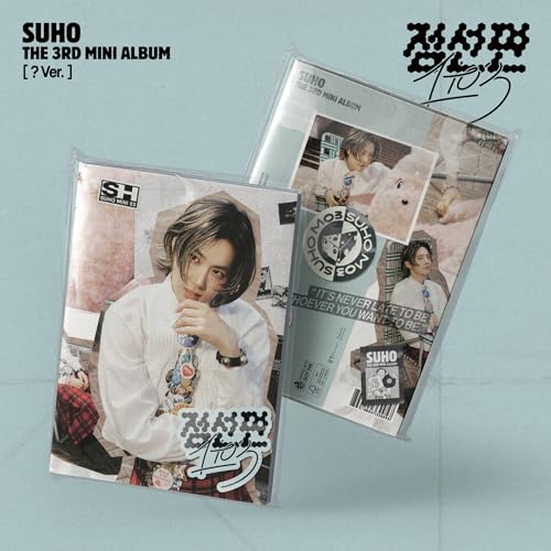 Suho album cover featuring the artist in a white shirt, collage style.