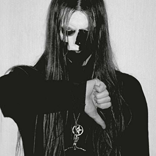 Black and white portrait of a person with corpse paint and long hair.