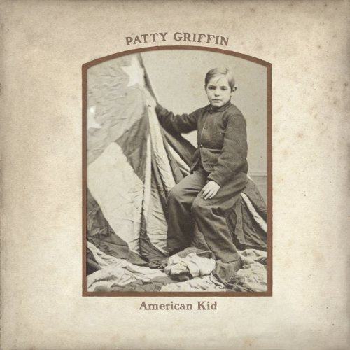 Vintage photo of a young boy with a faded American flag, album cover.