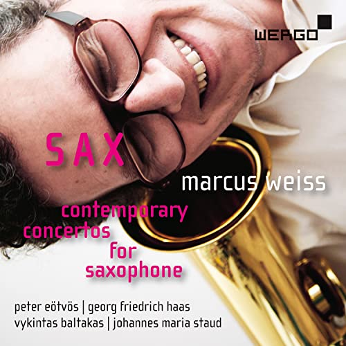 CD cover featuring a smiling man with a saxophone, text “SAX” and “contemporary concertos.”