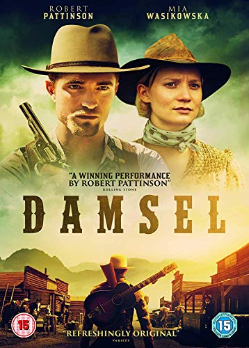 Damsel" DVD cover featuring Robert Pattinson and Mia Wasikowska in Western attire.