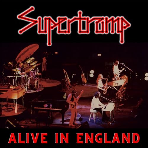 Supertramp’s “Alive In England” vinyl album cover featuring a live band performance.