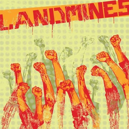 Landmines" vinyl album cover: raised fists against a patterned yellow background.
