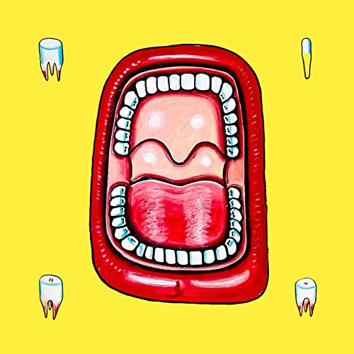 Yellow background with a painted, open mouth and scattered teeth.