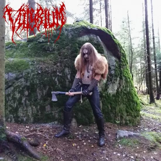 Vinyl album cover: person with axe in forest, dark metal aesthetic.