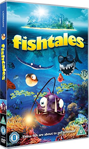 DVD cover art for Fishtales featuring various animated sea creatures in a coral reef.