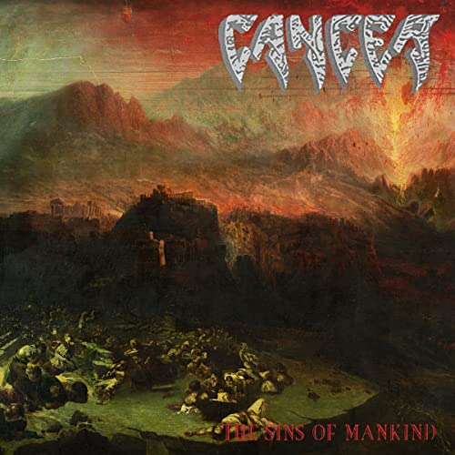 Vinyl album cover for Cancer’s “The Sins Of Mankind” depicts a fiery landscape.